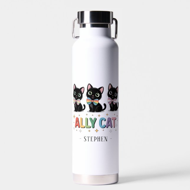 Ally Cat – Black Cat LGBTQ Pride Water Bottle (Front)