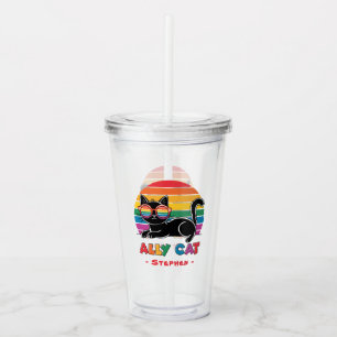 Ally Cat – Black Cat with Rainbow Sunglasses LGBTQ Acrylic Tumbler