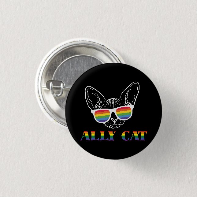 Ally Cat – Cute Pride Cat with Rainbow Sunglasses 1 Inch Round Button (Front & Back)