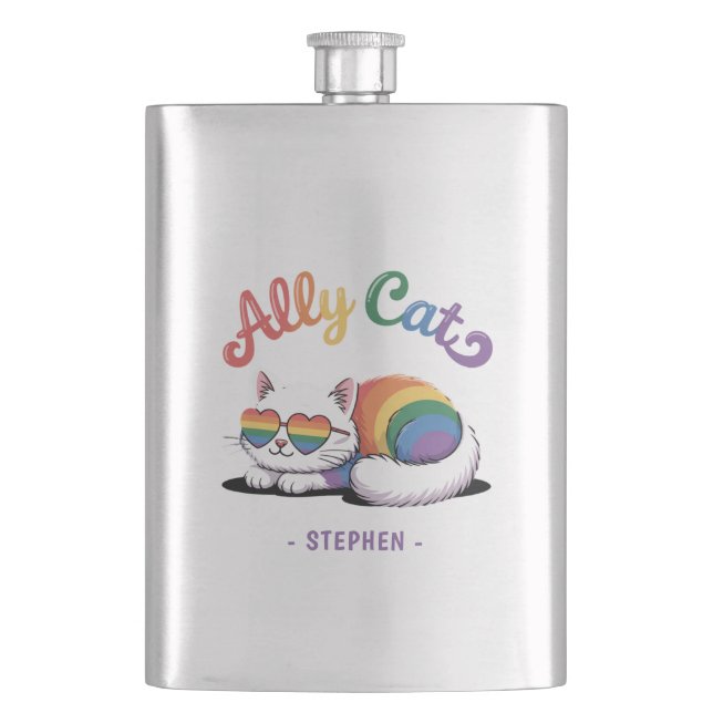 Ally Cat – Cute White Cat LGBTQ Pride (2) Hip Flask (Front)