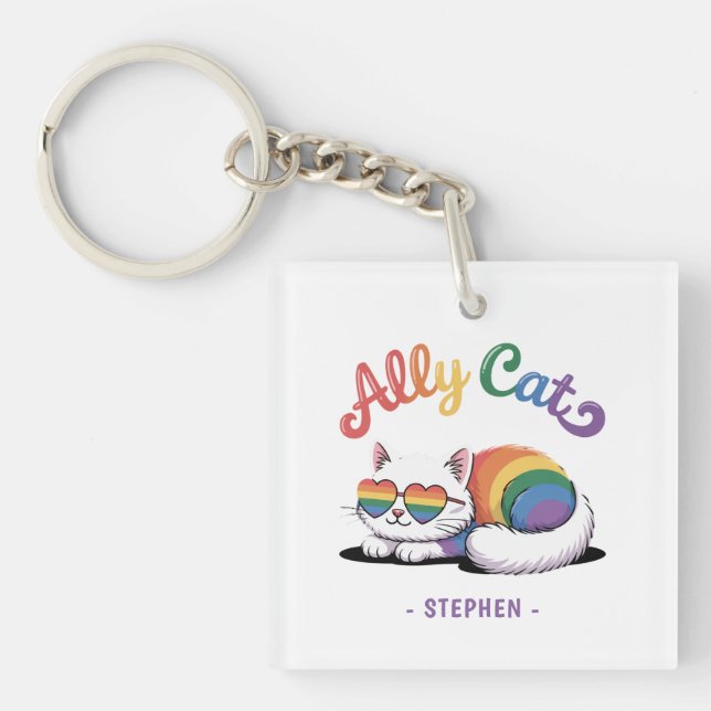Ally Cat – Cute White Cat LGBTQ Pride (2) Keychain (Front)