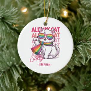 Ally Cat – Cute White Cat LGBTQ Pride Ceramic Ornament