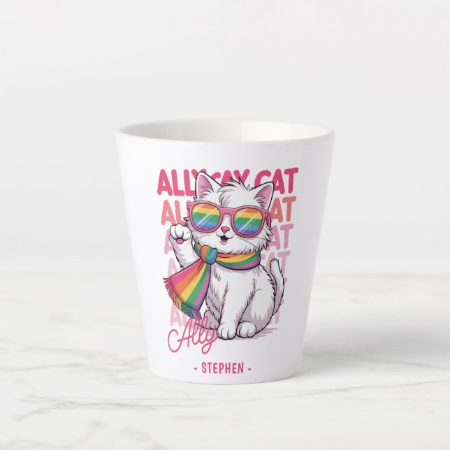 Ally Cat – Cute White Cat LGBTQ Pride Latte Mug (Front)