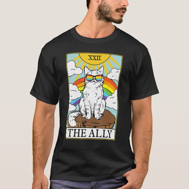 Ally Cat Gay Pride Pride Sunglasses Cat Tarot Card T-Shirt (Front)