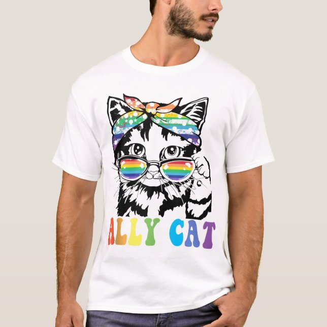 Ally Cat Lgbt Gay Rainbow Pride Flag Boys Men Girl T-Shirt (Front)