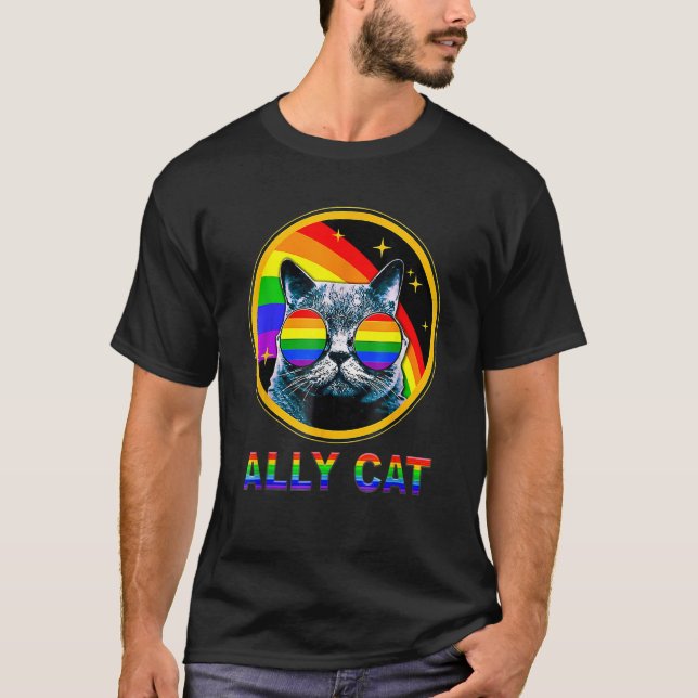 Ally Cat LGBT Pride Month Cat With Ally Pride Rain T-Shirt (Front)