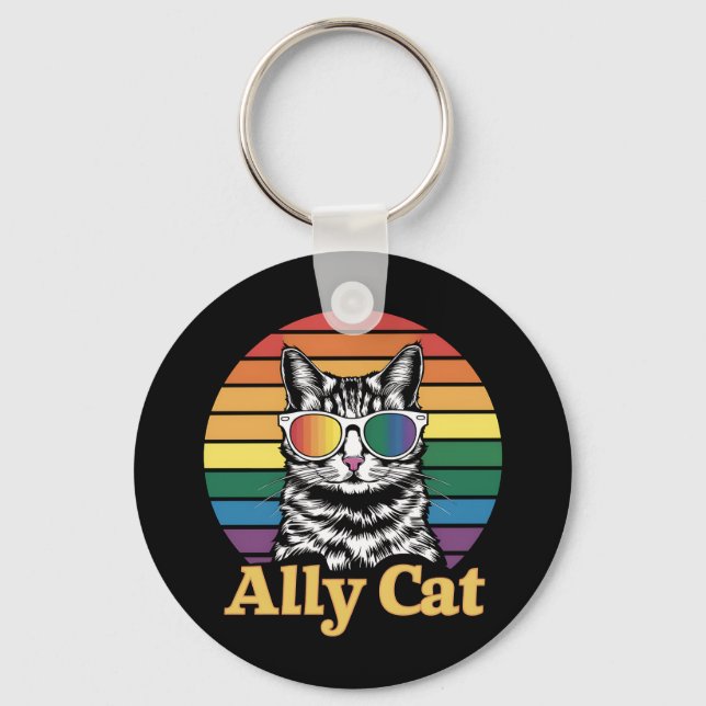 Ally Cat LGBT Rainbow Flag LGBTQ Gift Keychain (Front)