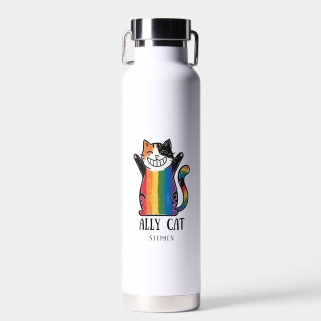 Ally Cat – Rainbow Cat LGBTQ Pride (2) Water Bottle (Front)
