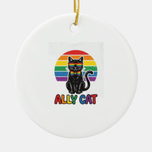 Ally Cat Rainbow Pride Vintage Cat Shirt Design_1 Ceramic Ornament