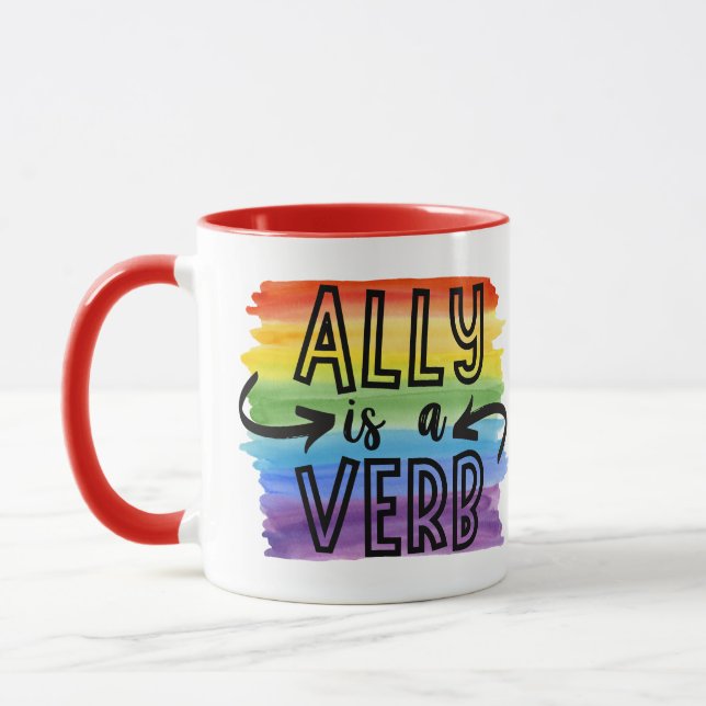 Ally is a Verb Rainbow Watercolor LGBTQ+ Pride Mug (Left)
