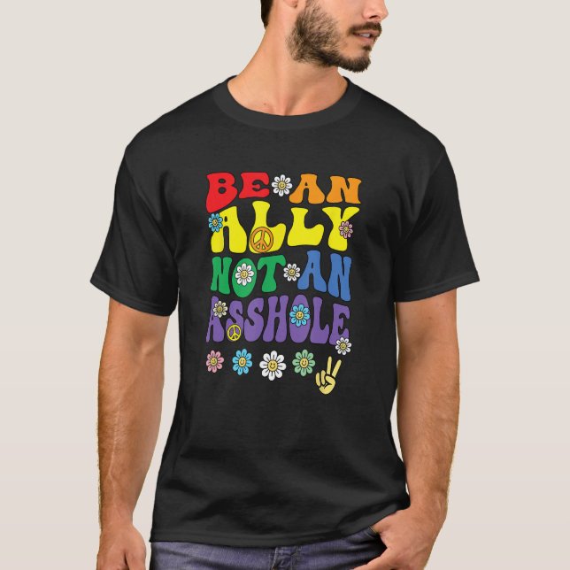 Ally Pride Rainbow  Retro Groovy LGBTQ Say Gay T-Shirt (Front)