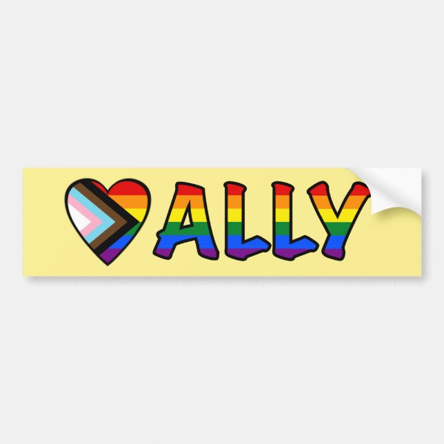 Ally with Progress Pride Flag Filled Letters Bumper Sticker (Front)