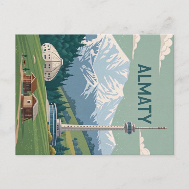 Almaty Peaks and Towers in Cold Retro View Postcard (Front)