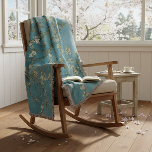 Almond Blossom Floral Boho Blue Classic Art Throw Blanket