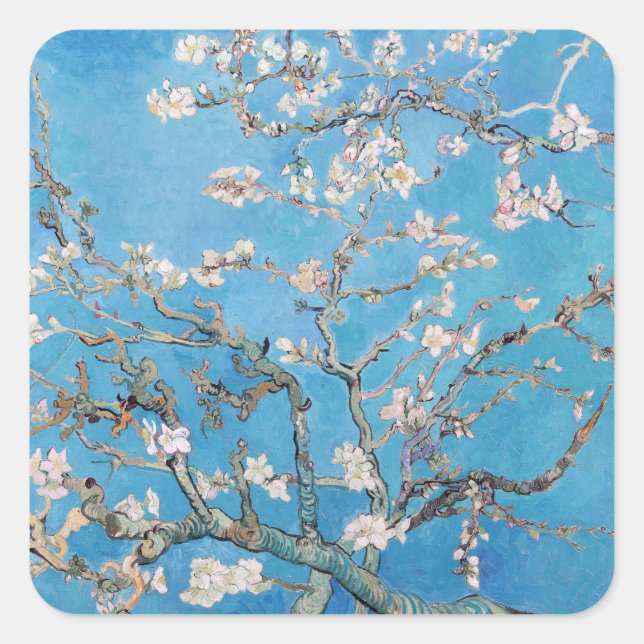 Almond Blossoms Blue Vincent van Gogh Art Painting Square Sticker (Front)