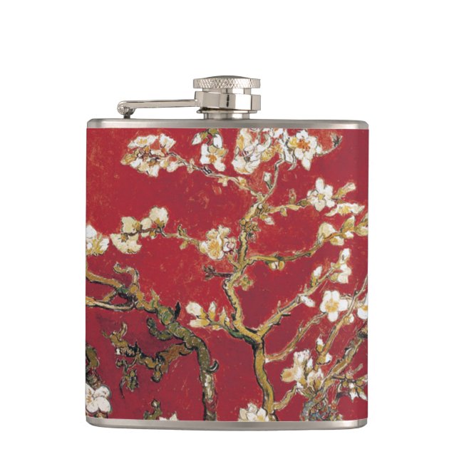 Almond Blossoms Red Vincent van Gogh Art Painting Hip Flask (Front)