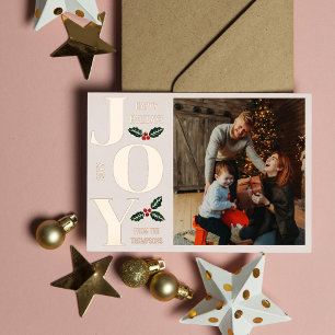 Almond Holly Elegant Joy Rose Gold Photo Foil Holiday Card