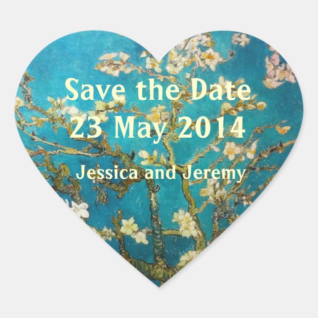 Almond Tree Art Save the Date Heart Sticker (Front)