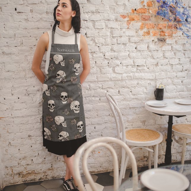 Almost Black Gothic Skulls and Roses Halloween Apron (Black Gothic Skulls, Blush Pink Roses & Spiderwebs Halloween Apron Hand Drawn in Ink. Dark & Moody)