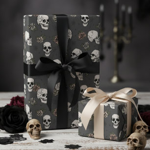Almost Black Pink Gothic Skulls and Roses Floral Wrapping Paper