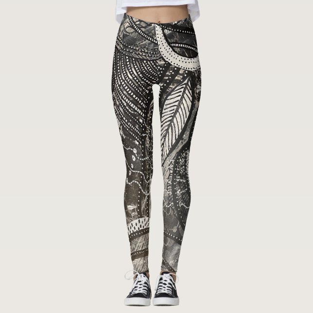Almost Everywhere 4 Black & White Acrylic Painting Leggings (Front)