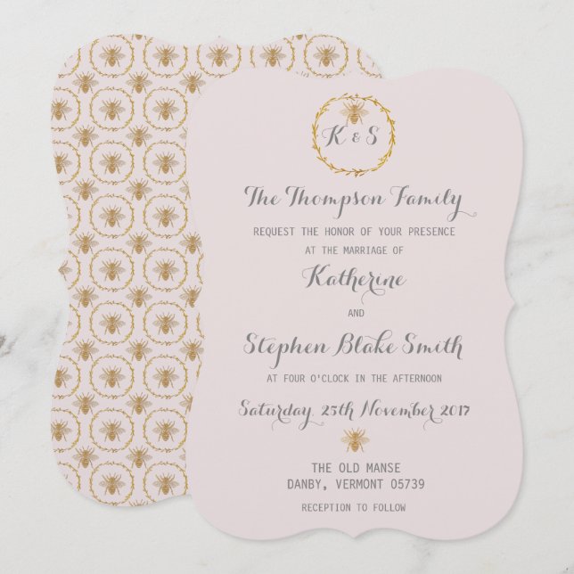 Almost Mauve Lilac Gold Foil Golden Bees Wedding Invitation (Front/Back)