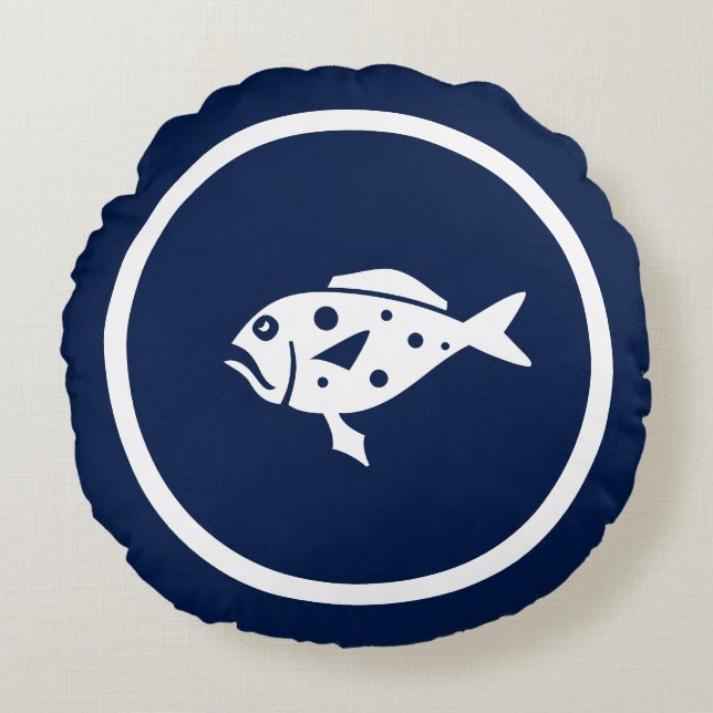 Almost Navy blue FISH nautical Round Pillow (Front)