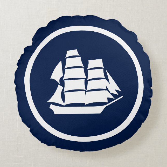 Almost Navy blue Sailboat Seahorses nautical Round Pillow (Front)
