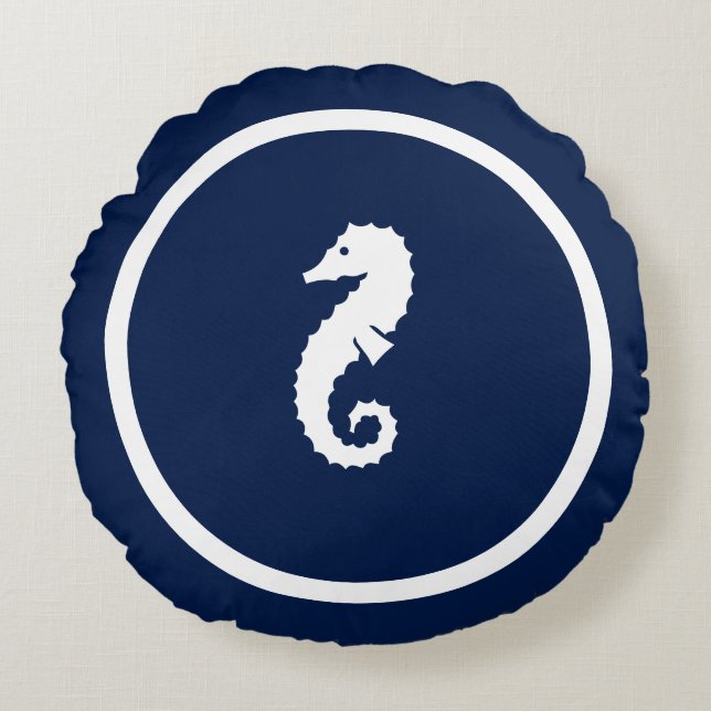 Almost Navy blue Seahorses nautical design Round Pillow (Front)