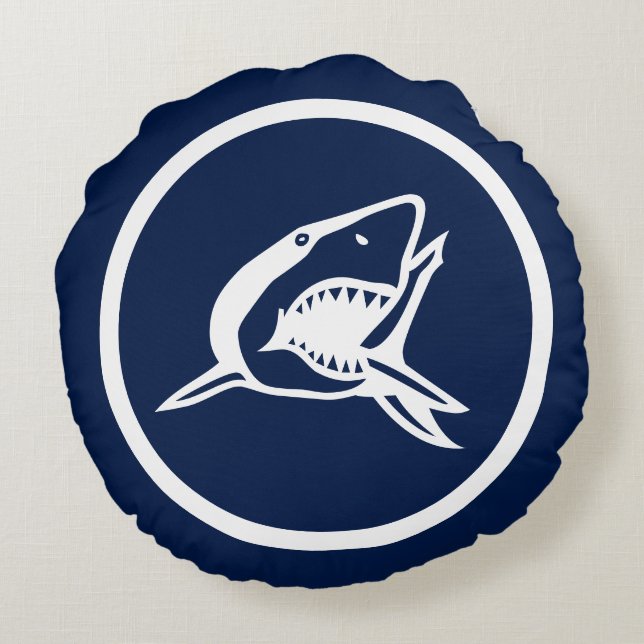 Almost Navy blue wGreat white shark nautical Round Pillow (Back)