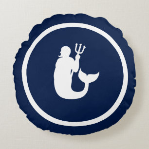 Almost Navy blue + white mermaid merman Round Pillow