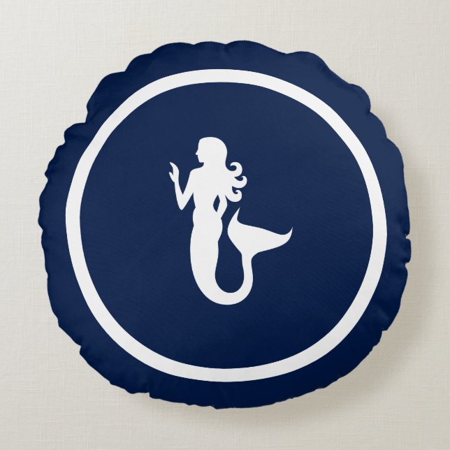 Almost Navy blue + white mermaid nautical Round Pillow (Front)