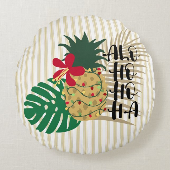ALO-HO-HO-HA Hawaiian Tropical Pineapple Round Pillow (Front)