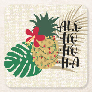 ALO-HO-HO-HA Hawaiian Tropical Pineapple Square Paper Coaster