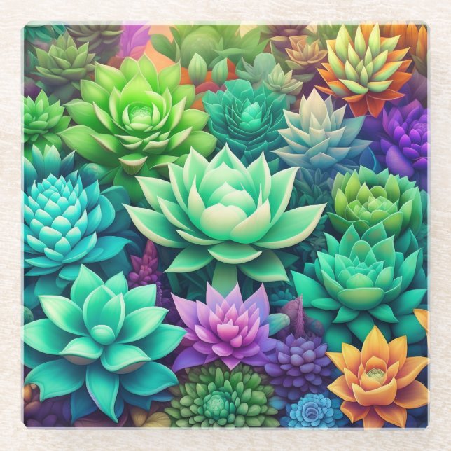 Aloe Vera and Succulents Collage Glass Coaster (Front)