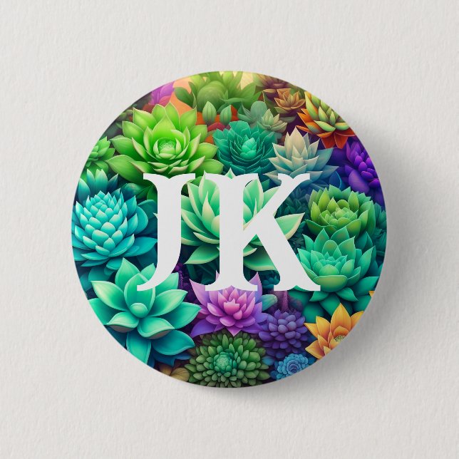 Aloe Vera and Succulents Collage Monogrammed 2 Inch Round Button (Front)