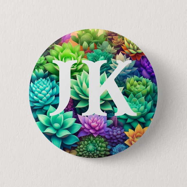 Aloe Vera and Succulents Collage Monogrammed 2 Inch Round Button (Front)
