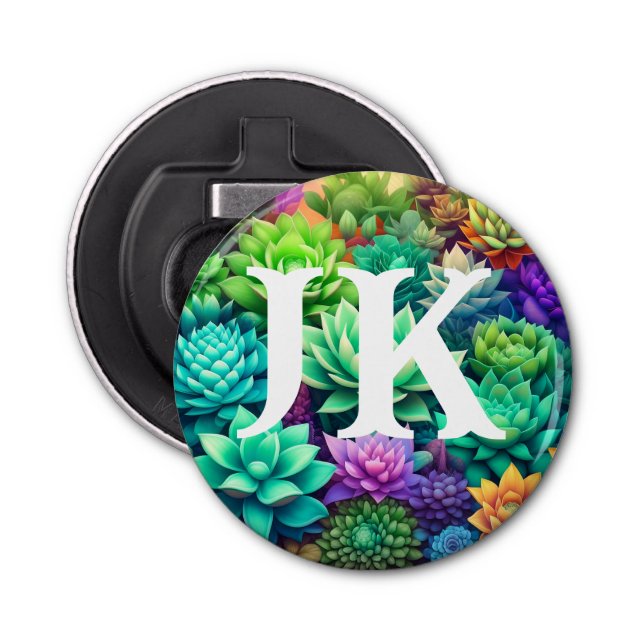 Aloe Vera and Succulents Collage Monogrammed Bottle Opener (Front)