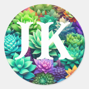Aloe Vera and Succulents Collage Monogrammed Classic Round Sticker