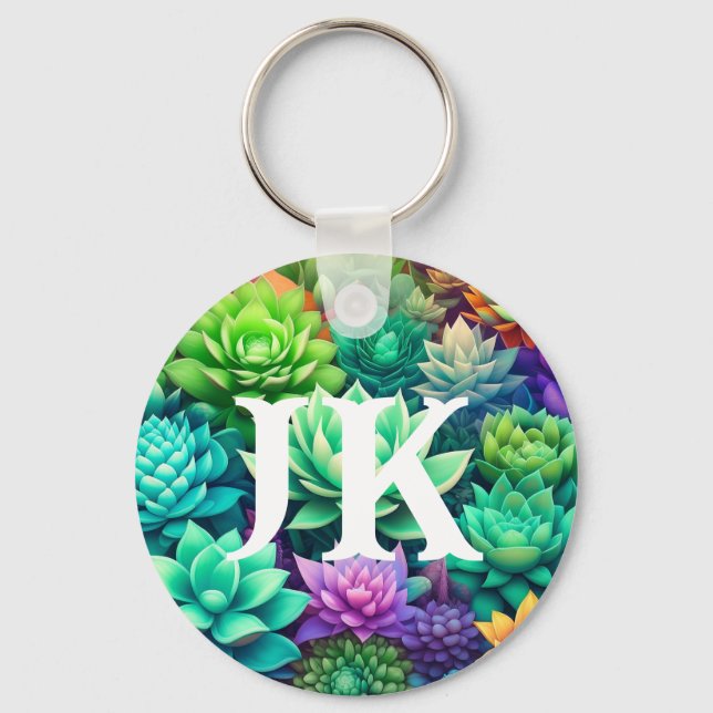 Aloe Vera and Succulents Collage Monogrammed Keychain (Front)