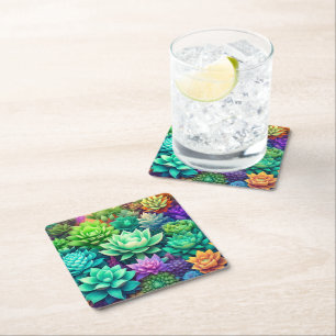 Aloe Vera and Succulents Collage Square Paper Coaster