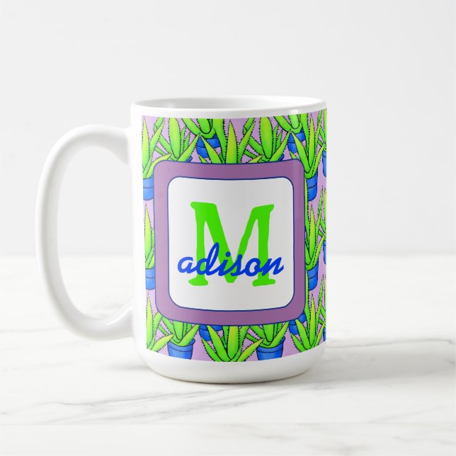 Aloe Vera Plants Pattern Monogrammed Coffee Mug (Left)