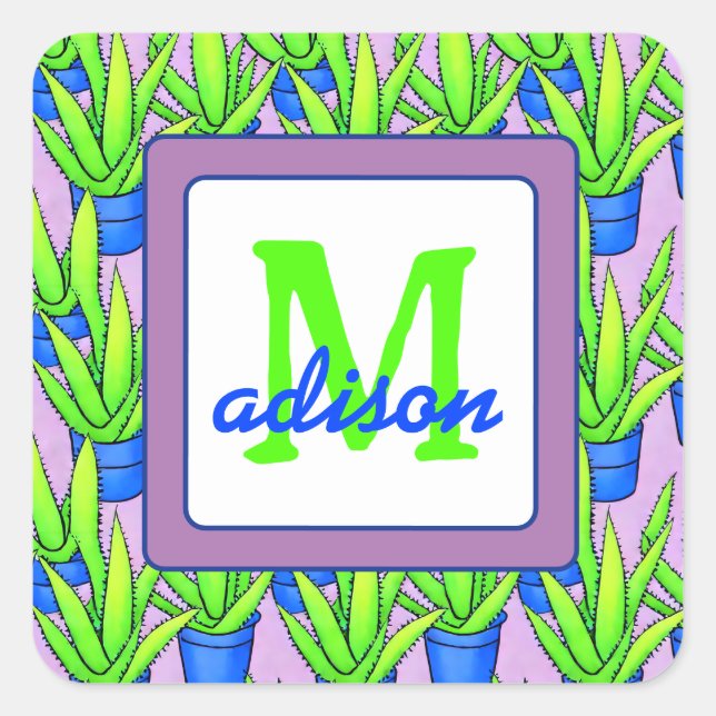 Aloe Vera Plants Pattern Monogrammed Square Sticker (Front)