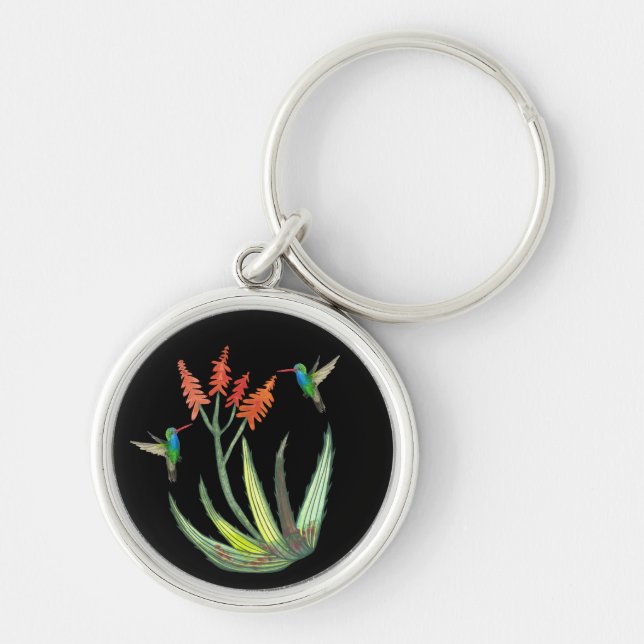 Aloe Vera Succulent Flower Hummingbirds Watercolor Keychain (Front)