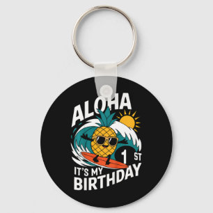 Aloha 1st Birthday Hawaii Pineapple Surfing Tropic Keychain