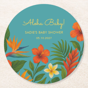 Aloha Baby! Chic Tropical Baby Shower Round Paper Coaster