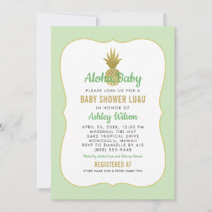 Aloha Baby Green Gold Pineapple Luau Shower Invitation
