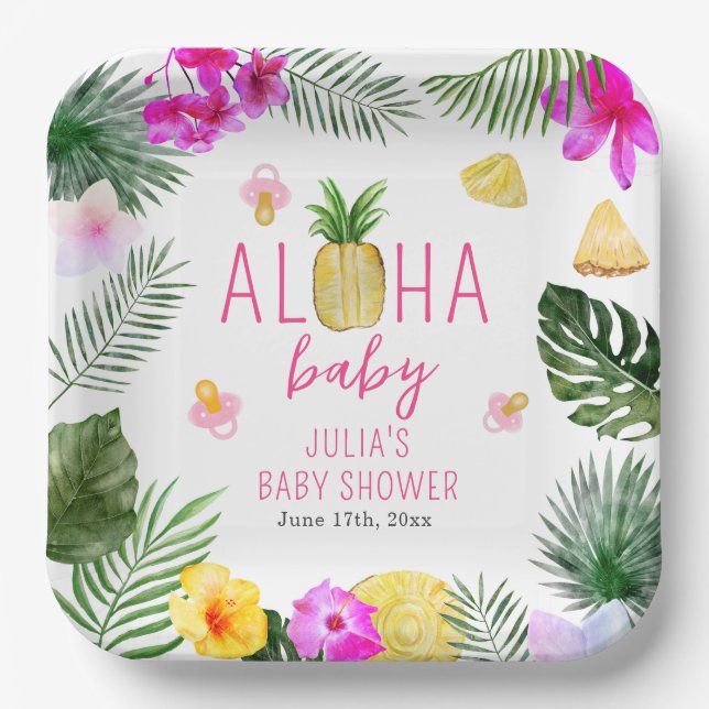 Aloha Baby Pineapples & Pacifiers Baby Shower Luau Paper Plate (Front)