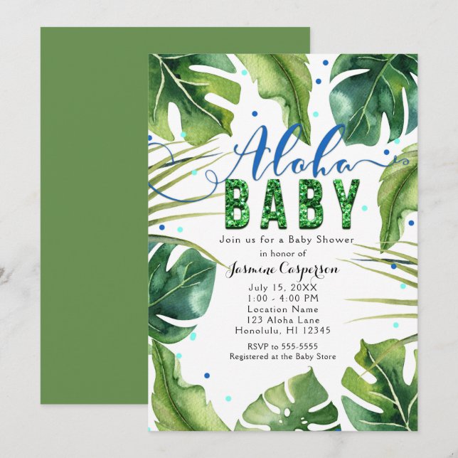 ALOHA BABY Shower Tropical Leaves Blue Green Invitation (Front/Back)