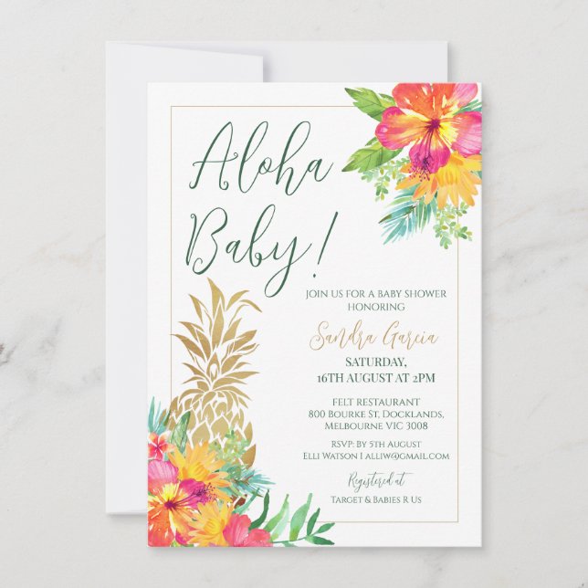 Aloha Baby Tropical Floral Pineapple Shower Invitation (Front)